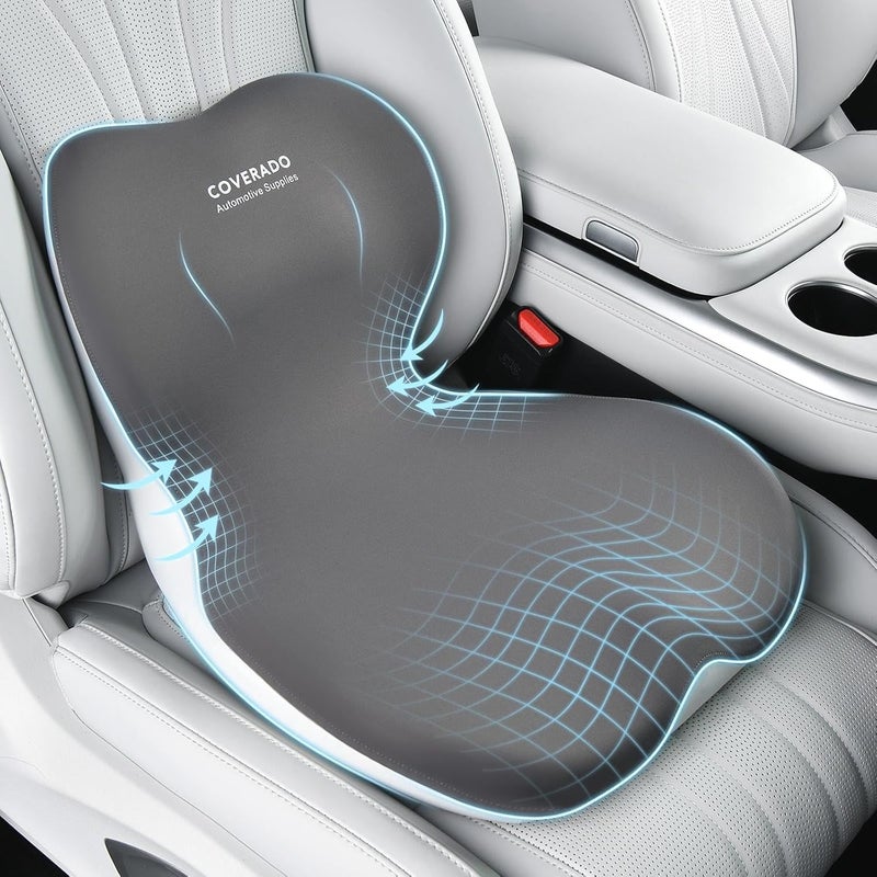 Coverado [Upgraded] Car Seat Cushion and Lumbar Support Pillow One Piece, Memory Foam Ergonomic Back Support Driving Seat Cushion for Back Pain, Non-Slip Washable Cushion for Car, Driver, Office - Image 1
